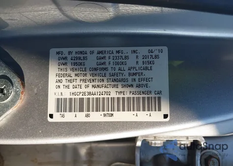 2010 Honda Accord 2.4 Lx z USA, uszkodzony, nr VIN 1HGCP2E38AA124702